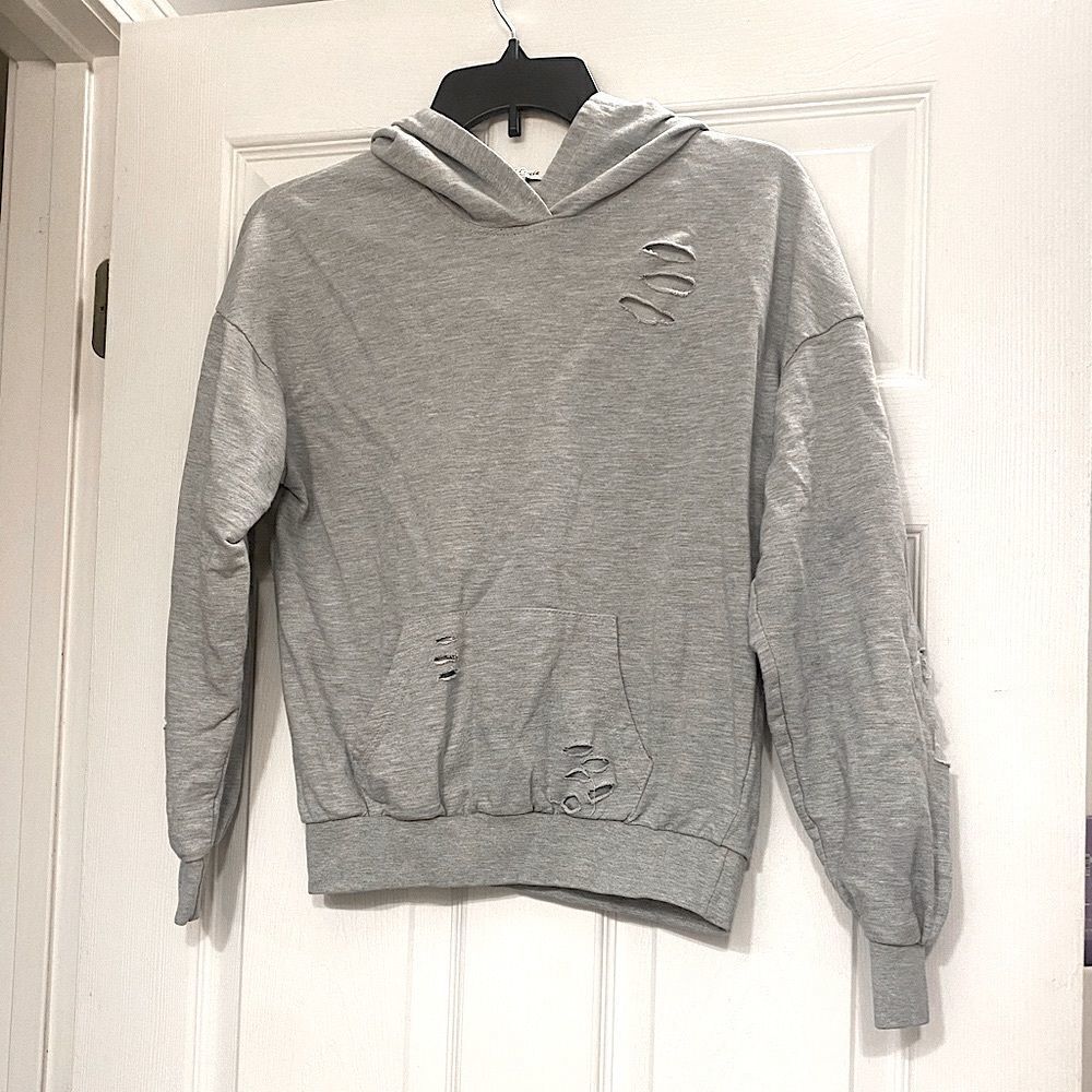 Full Circle Trends Distressed Ripped Slashed Hoodie Grey Shirt size S small